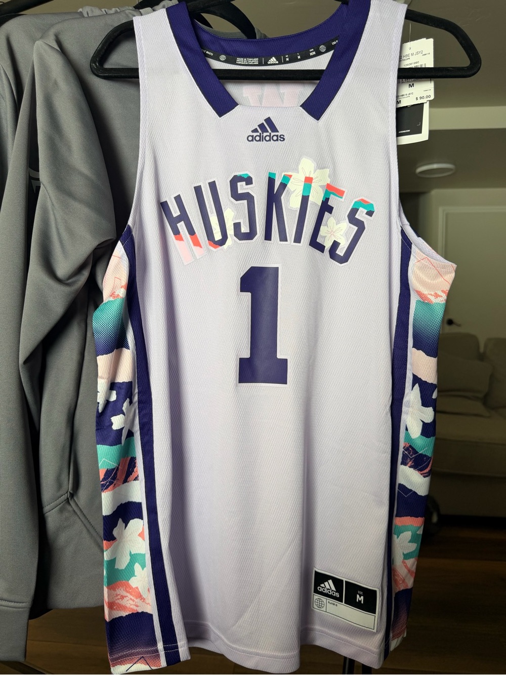 adidas Huskies #1 Men's Jersey in Light Lavender and Navy with Floral Accents